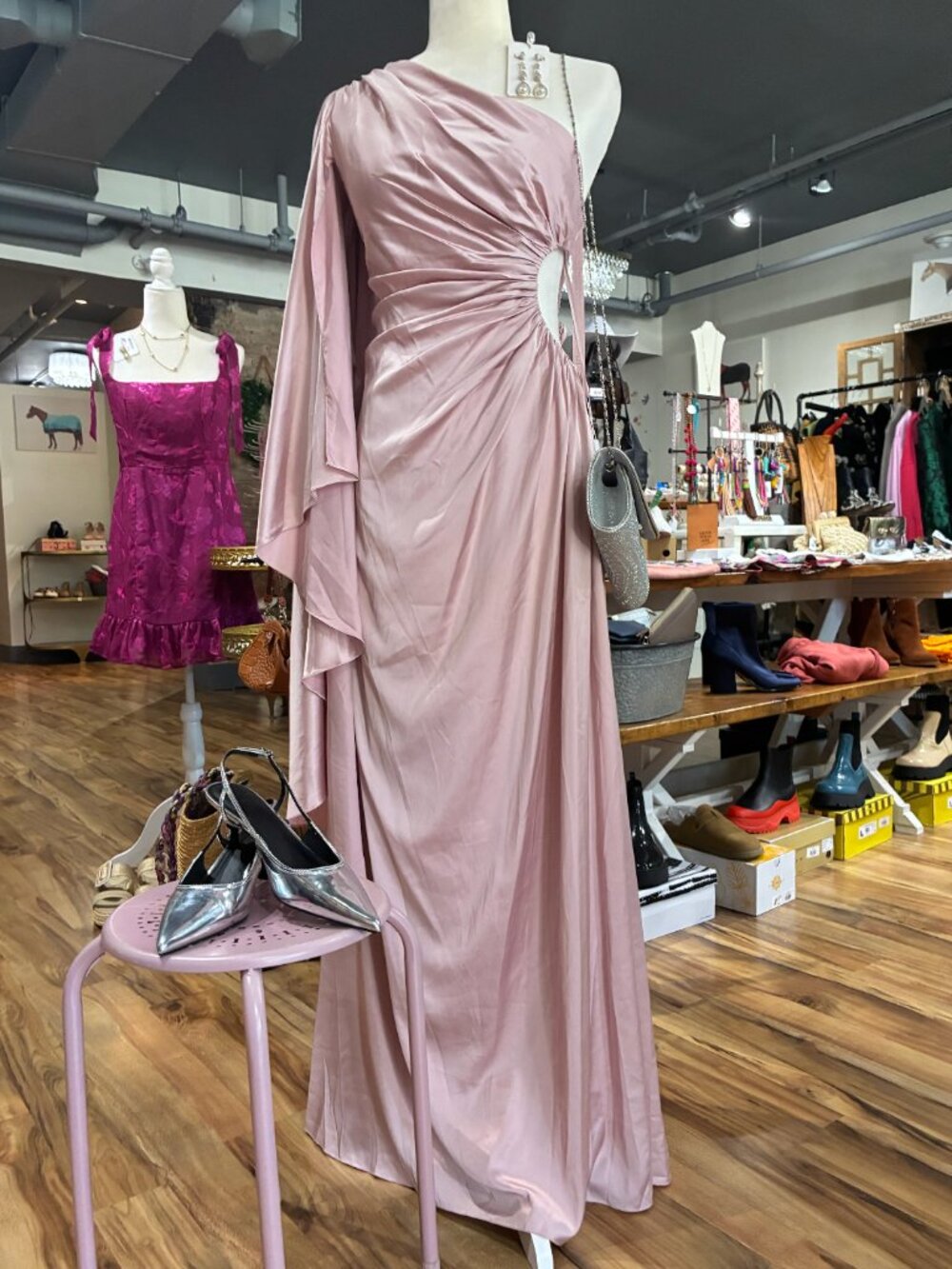 Mac Duggal One Shoulder Bell Sleeve Draped Gown